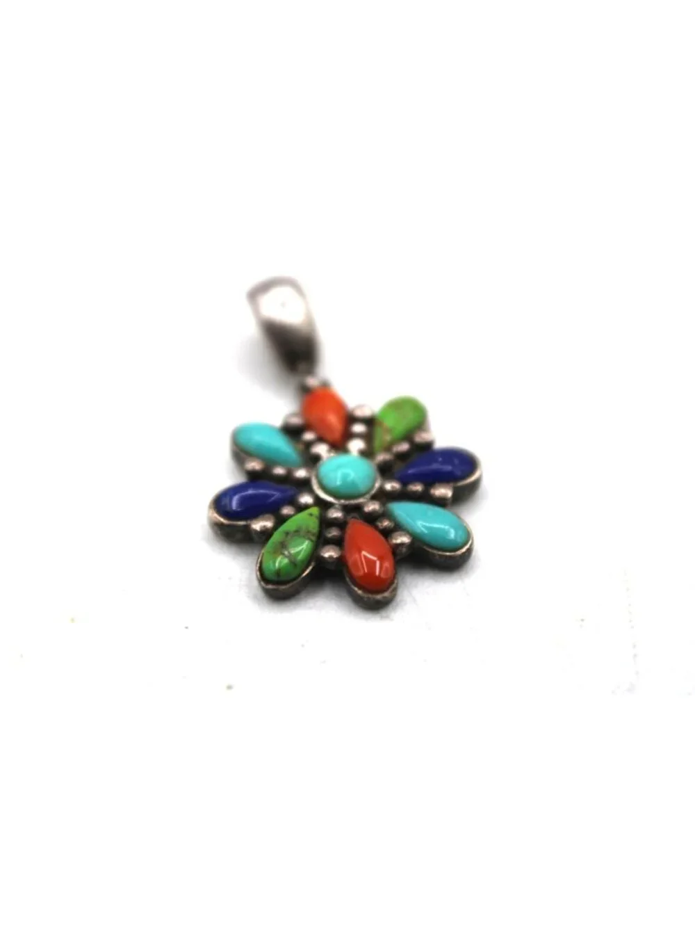 Vtg 925 Sterling Silver Multicolor Gemstone Flower Pendant Turquoise Lapis More